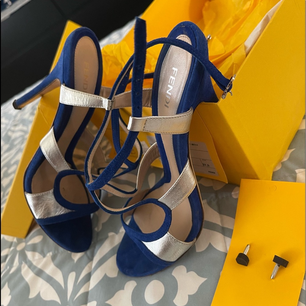 Fendi Heels 37.5 (7-7.5 US size) Blue & Silver, very good condition & new heels